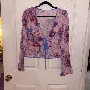 Free People Sheer Floral Tie-Front Blouse – Lavender & Blue – Size M